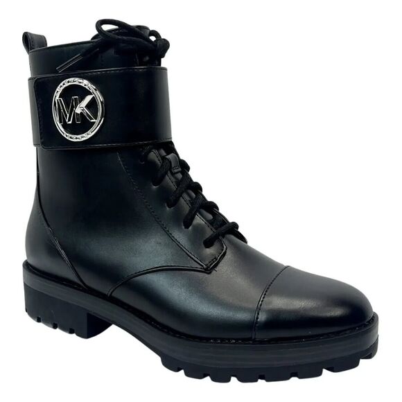 Michael Kors Tatum US 9.5M Combat Boots Black Faux Leather Ankle Zip NIB $225 - Picture 1 of 13